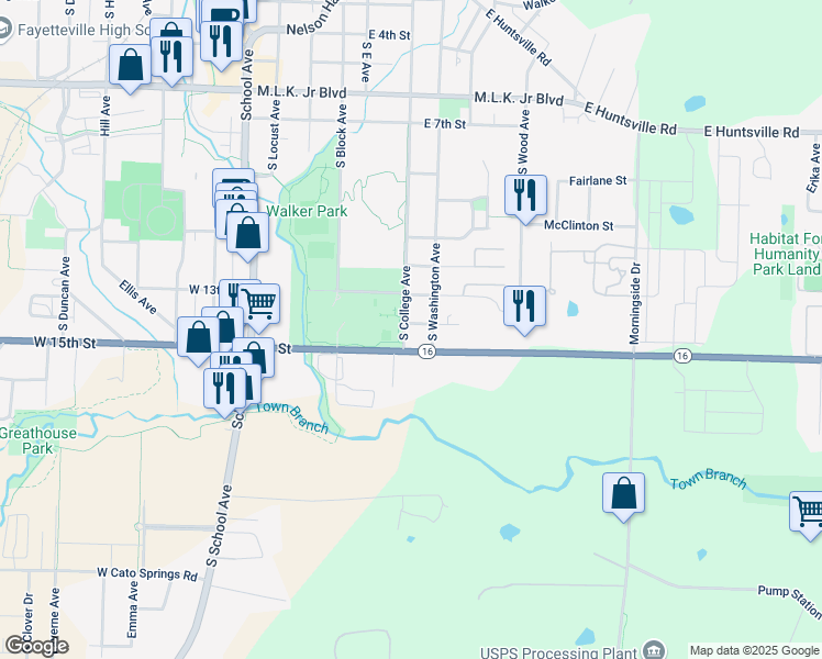 map of restaurants, bars, coffee shops, grocery stores, and more near 1320 South College Avenue in Fayetteville