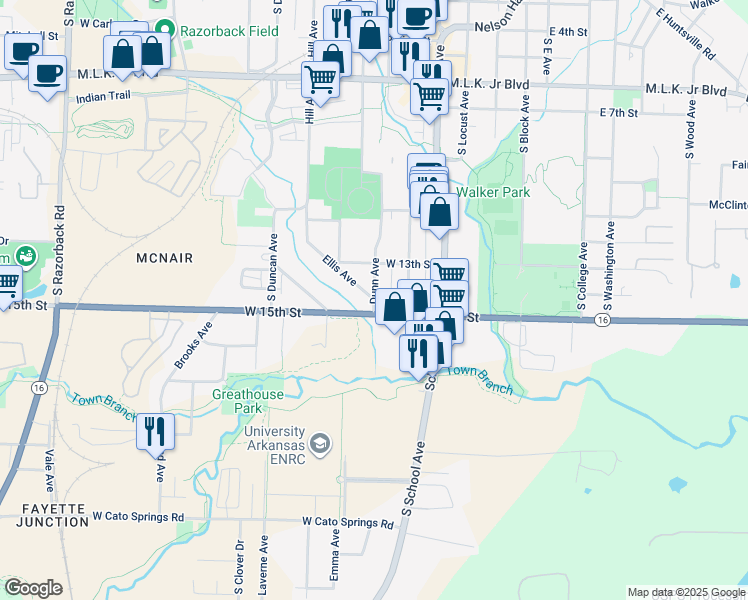 map of restaurants, bars, coffee shops, grocery stores, and more near 1332 Dunn Avenue in Fayetteville
