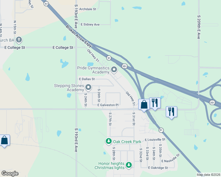 map of restaurants, bars, coffee shops, grocery stores, and more near 2804 East El Paso Street in Broken Arrow