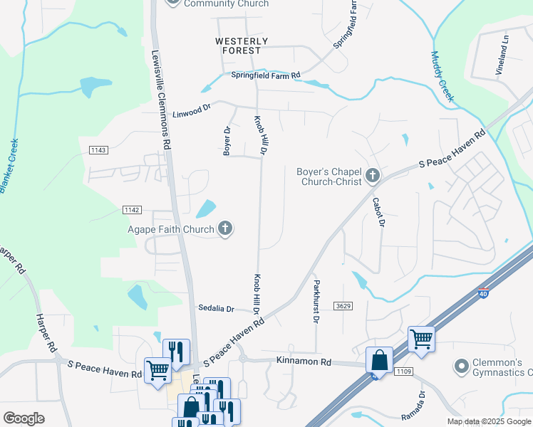 map of restaurants, bars, coffee shops, grocery stores, and more near 2741 Knob Hill Drive in Clemmons
