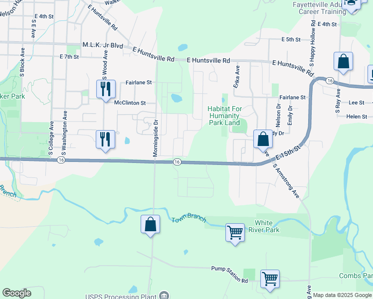 map of restaurants, bars, coffee shops, grocery stores, and more near 1110 East 15th Street in Fayetteville