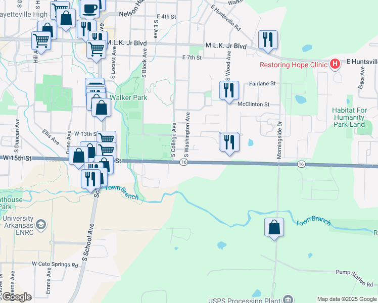 map of restaurants, bars, coffee shops, grocery stores, and more near 223 East 13th Street in Fayetteville