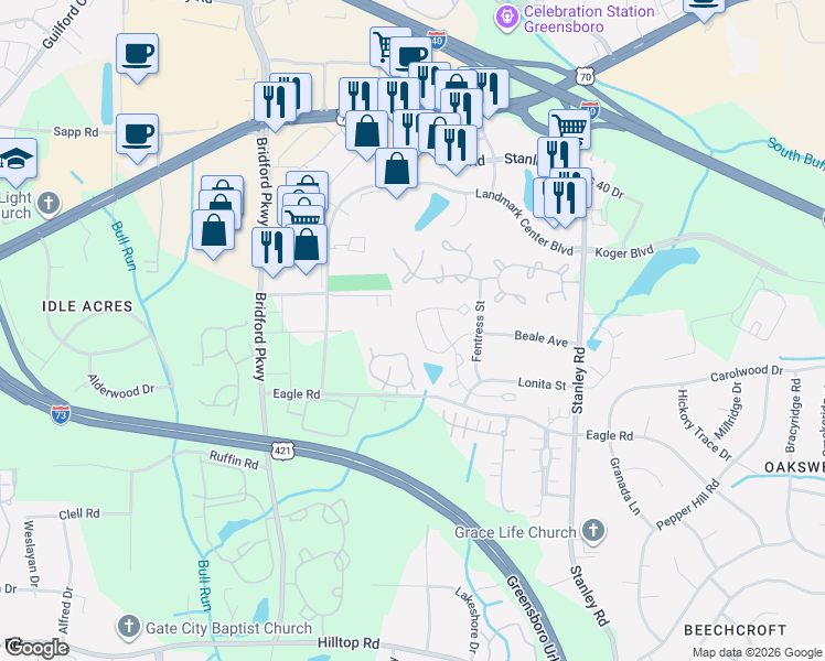 map of restaurants, bars, coffee shops, grocery stores, and more near 255 Malamute Lane in Greensboro