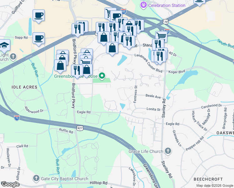 map of restaurants, bars, coffee shops, grocery stores, and more near 255 Malamute Lane in Greensboro