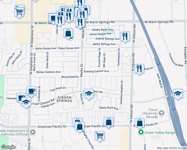 map of restaurants, bars, coffee shops, grocery stores, and more near 1056 Broomfield Drive in Henderson