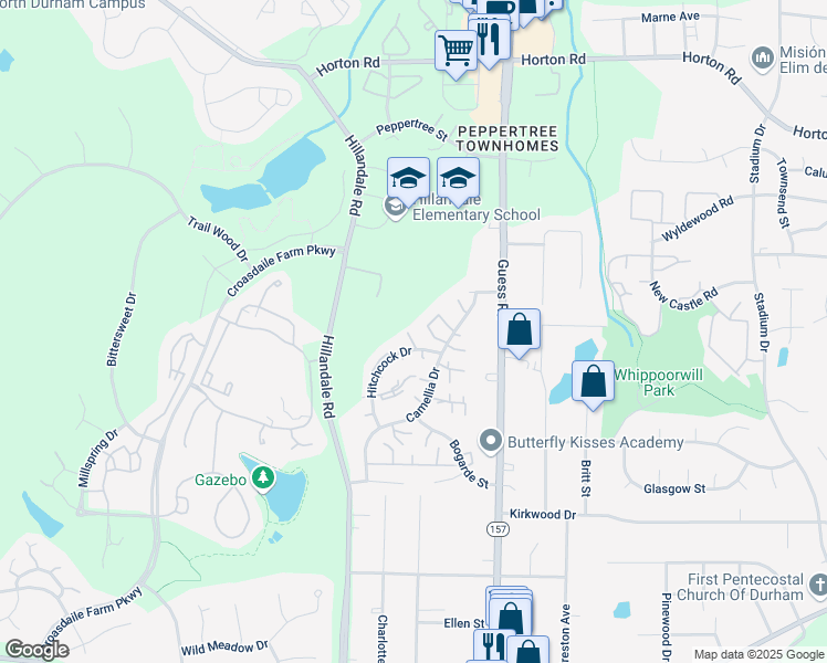 map of restaurants, bars, coffee shops, grocery stores, and more near 2679 Hitchcock Drive in Durham