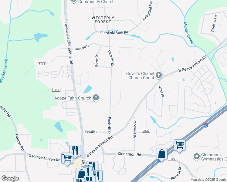 map of restaurants, bars, coffee shops, grocery stores, and more near 2741 Knob Hill Drive in Clemmons