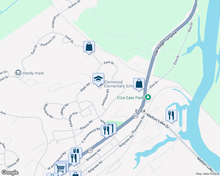 map of restaurants, bars, coffee shops, grocery stores, and more near 126 Audubon Road in Oak Ridge