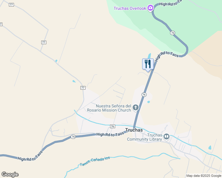 map of restaurants, bars, coffee shops, grocery stores, and more near 115 County Road 76 in Truchas