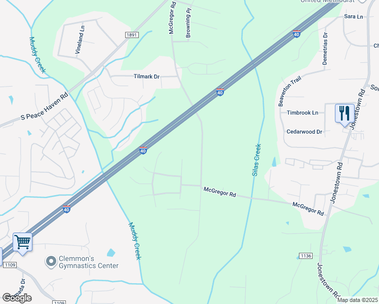 map of restaurants, bars, coffee shops, grocery stores, and more near 750 McGregor Road in Winston-Salem