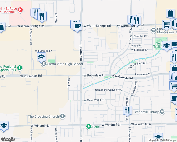 map of restaurants, bars, coffee shops, grocery stores, and more near 7634 Alamosa Creek Lane in Las Vegas