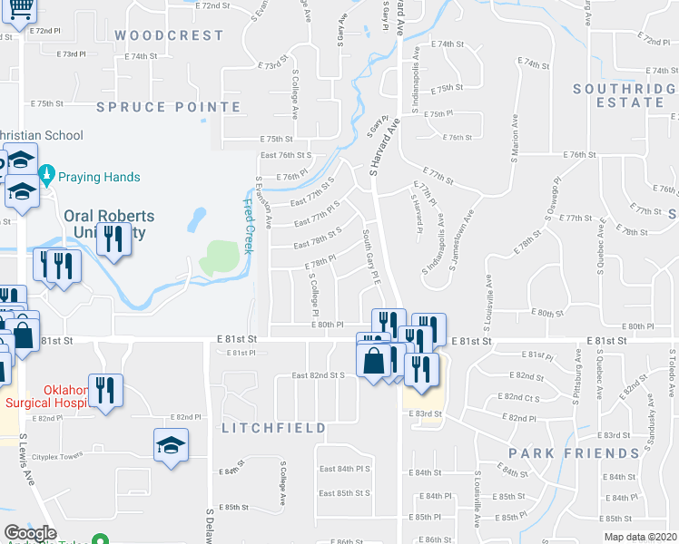 map of restaurants, bars, coffee shops, grocery stores, and more near 7817 South Florence Avenue in Tulsa