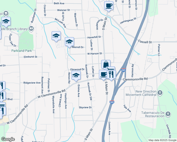 map of restaurants, bars, coffee shops, grocery stores, and more near 3401 Konnoak Drive in Winston-Salem