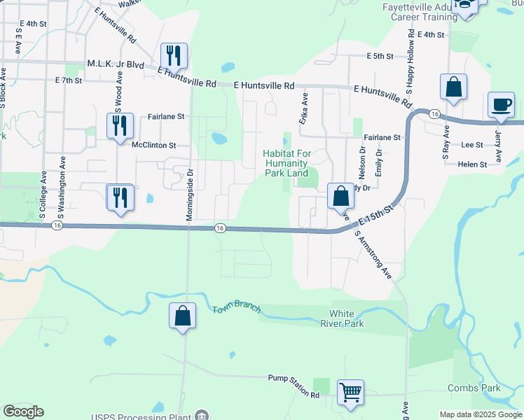 map of restaurants, bars, coffee shops, grocery stores, and more near 1110 East 15th Street in Fayetteville