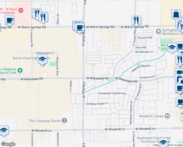 map of restaurants, bars, coffee shops, grocery stores, and more near 7737 West Trails Village Place in Las Vegas