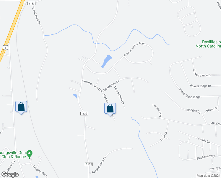 map of restaurants, bars, coffee shops, grocery stores, and more near 30 Remington Court in Youngsville