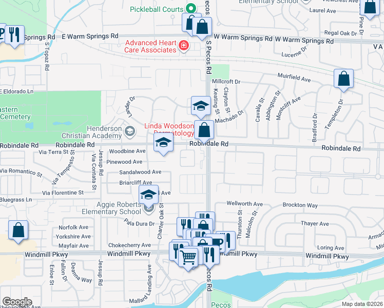 map of restaurants, bars, coffee shops, grocery stores, and more near 2673 Ridgewater Circle in Henderson