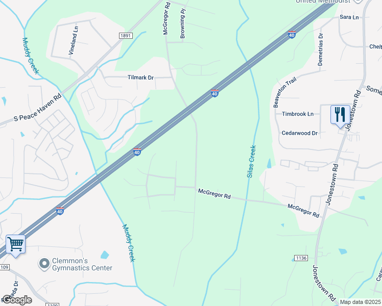 map of restaurants, bars, coffee shops, grocery stores, and more near 750 McGregor Road in Winston-Salem