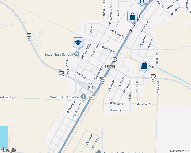 map of restaurants, bars, coffee shops, grocery stores, and more near 301 Southwest Cotter Street in Hoxie