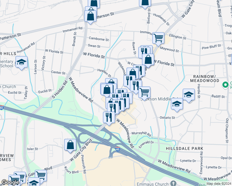 map of restaurants, bars, coffee shops, grocery stores, and more near 3002 Wildwood Drive in Greensboro