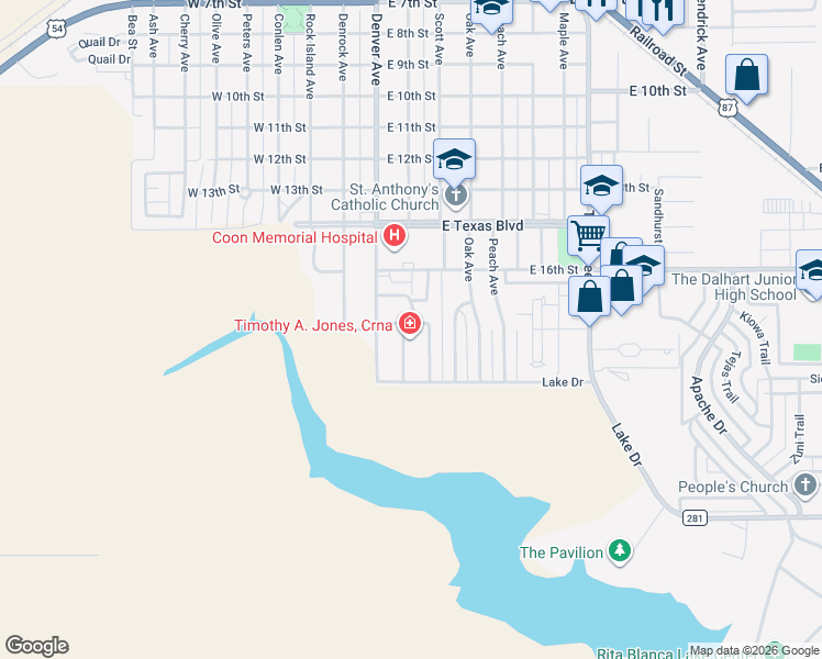 map of restaurants, bars, coffee shops, grocery stores, and more near 1801 Arroya Road in Dalhart