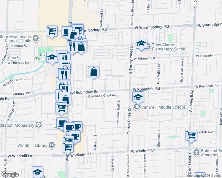 map of restaurants, bars, coffee shops, grocery stores, and more near 6648 Coronado Palms Avenue in Las Vegas