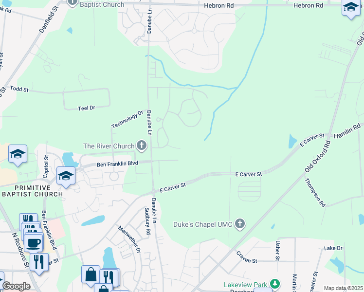 map of restaurants, bars, coffee shops, grocery stores, and more near 4114 Lillington Drive in Durham