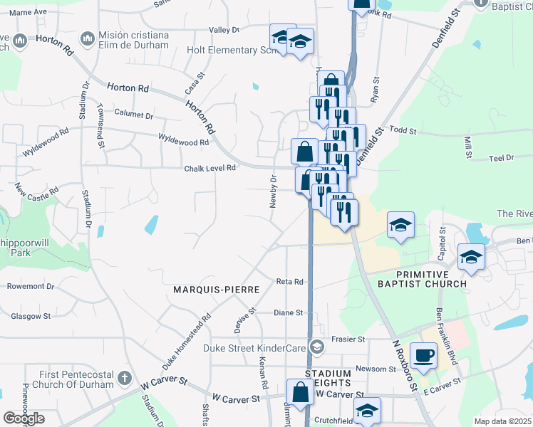 map of restaurants, bars, coffee shops, grocery stores, and more near 716 Ferris Road in Durham