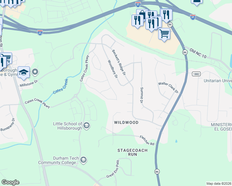 map of restaurants, bars, coffee shops, grocery stores, and more near 604 Botan Way in Hillsborough