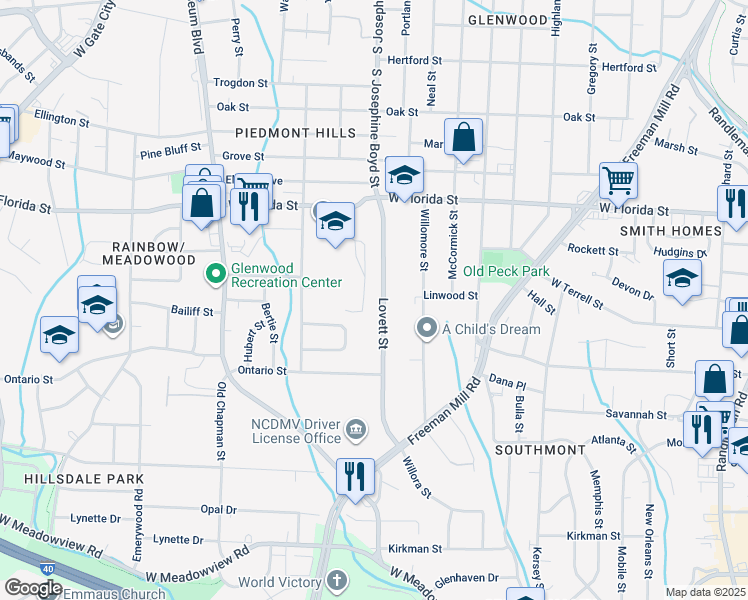map of restaurants, bars, coffee shops, grocery stores, and more near 1548 Lovett Street in Greensboro