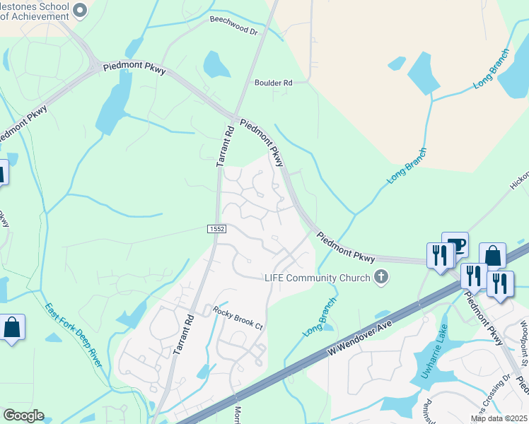 map of restaurants, bars, coffee shops, grocery stores, and more near 1139 Tarrant Road in Greensboro