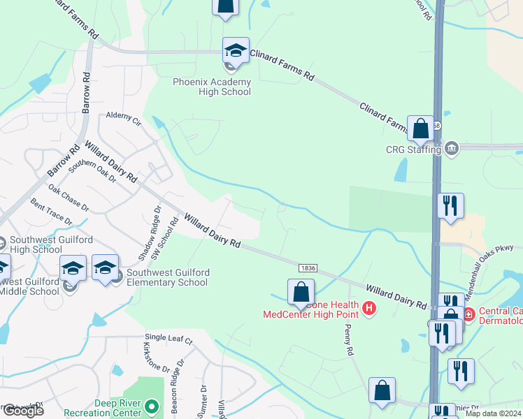 map of restaurants, bars, coffee shops, grocery stores, and more near 2431 Willard Dairy Road in High Point