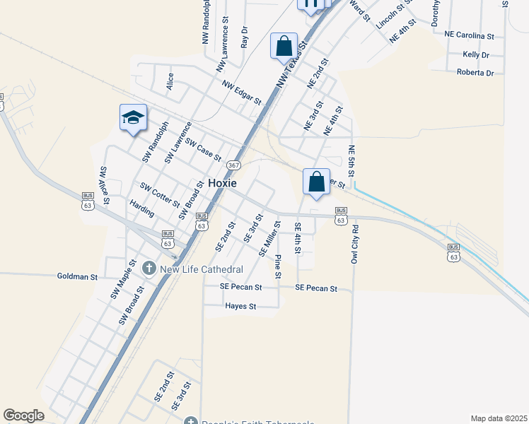 map of restaurants, bars, coffee shops, grocery stores, and more near 207 Southeast 3rd Street in Hoxie