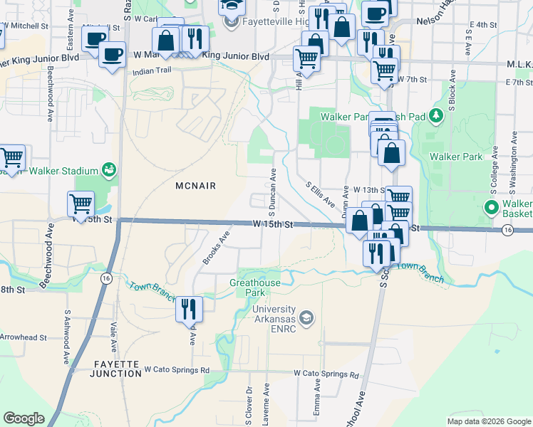 map of restaurants, bars, coffee shops, grocery stores, and more near 1390 South Duncan Avenue in Fayetteville