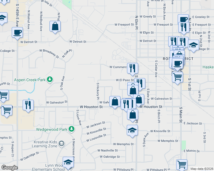 map of restaurants, bars, coffee shops, grocery stores, and more near 917 West El Paso Street in Broken Arrow
