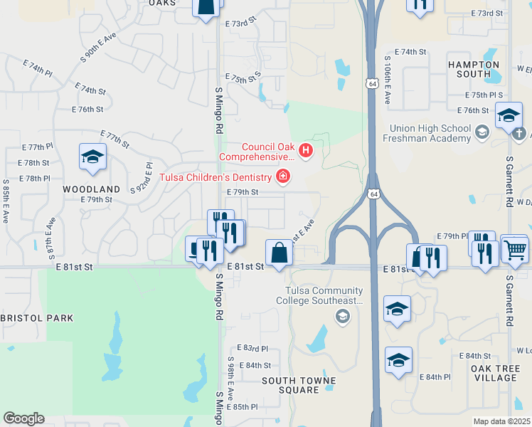 map of restaurants, bars, coffee shops, grocery stores, and more near 10106 East 79th Street in Tulsa