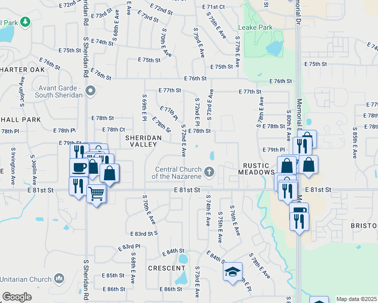 map of restaurants, bars, coffee shops, grocery stores, and more near 7827 South 72nd East Avenue in Tulsa