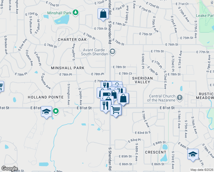 map of restaurants, bars, coffee shops, grocery stores, and more near 7854 East 66th Street in Tulsa