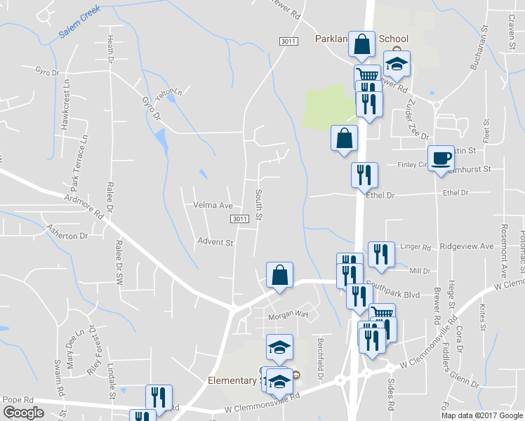 map of restaurants, bars, coffee shops, grocery stores, and more near 1742 South Street in Winston-Salem
