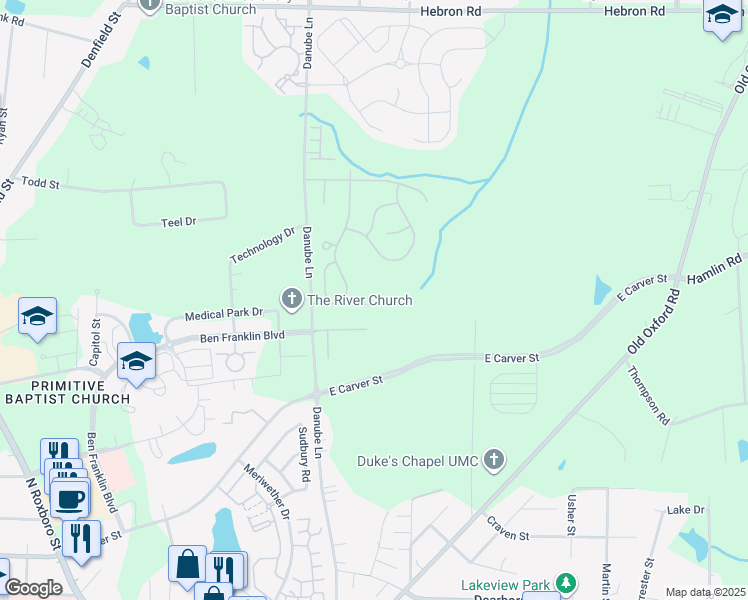 map of restaurants, bars, coffee shops, grocery stores, and more near 4114 Lillington Drive in Durham