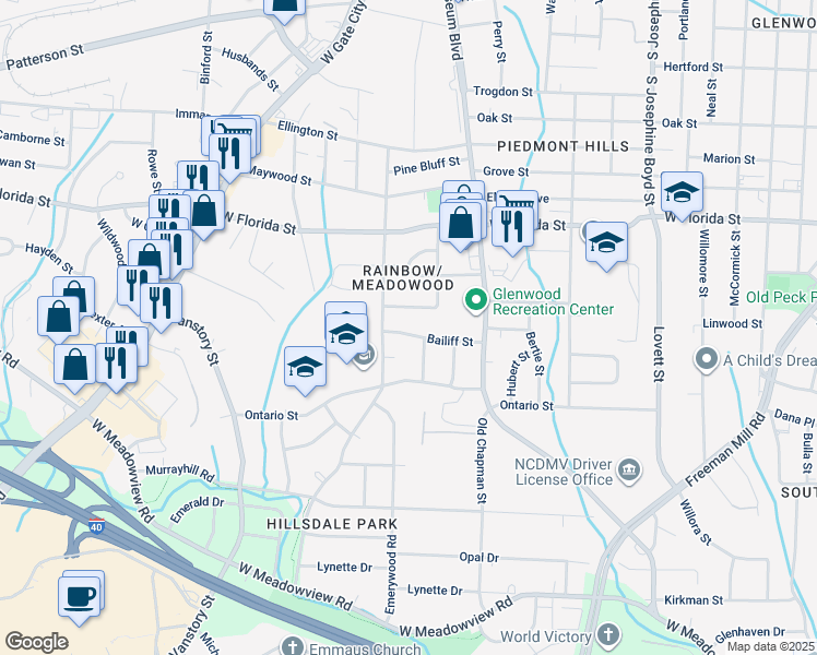 map of restaurants, bars, coffee shops, grocery stores, and more near 2104 Bailiff Street in Greensboro