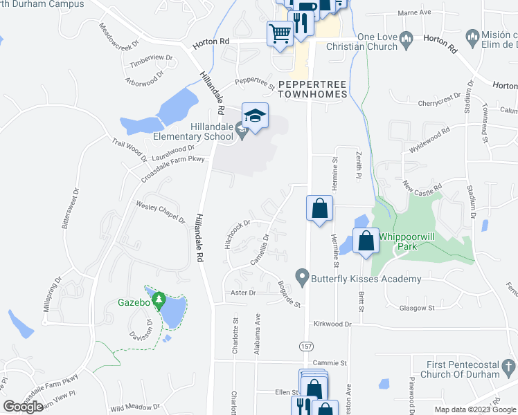 map of restaurants, bars, coffee shops, grocery stores, and more near 60 Justin Court in Durham