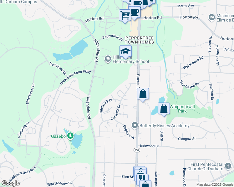 map of restaurants, bars, coffee shops, grocery stores, and more near 60 Justin Court in Durham