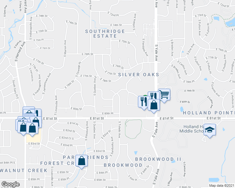 map of restaurants, bars, coffee shops, grocery stores, and more near 6838 Toledo in Tulsa