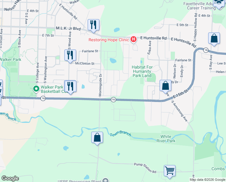 map of restaurants, bars, coffee shops, grocery stores, and more near 1392 South Kingfisher Lane in Fayetteville