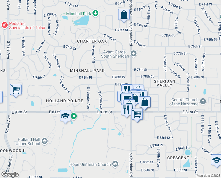 map of restaurants, bars, coffee shops, grocery stores, and more near 6020 East 79th Street in Tulsa
