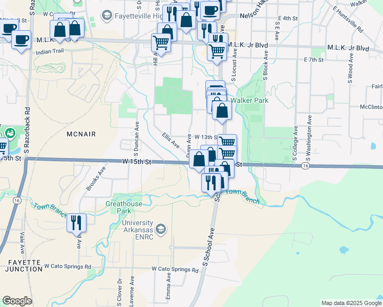 map of restaurants, bars, coffee shops, grocery stores, and more near 1332 Dunn Avenue in Fayetteville