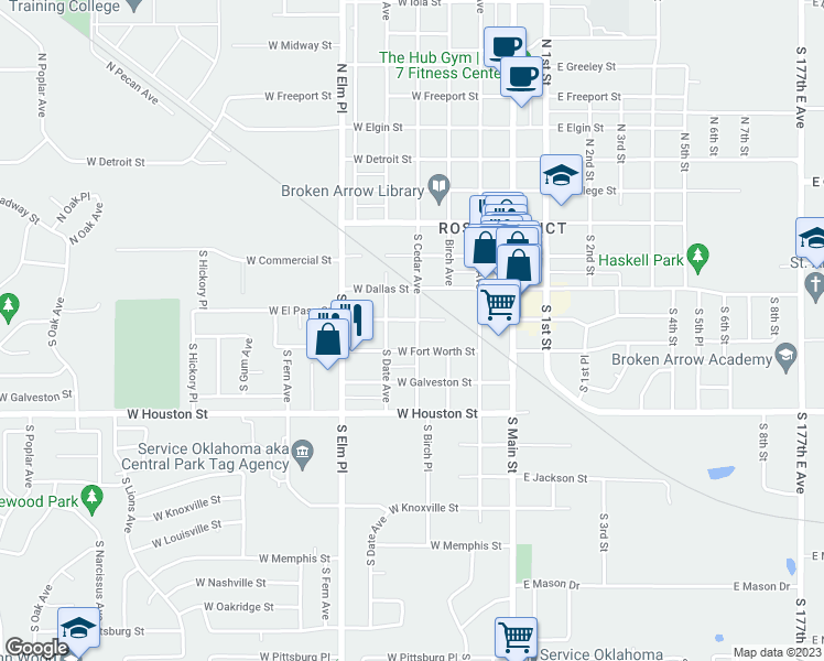 map of restaurants, bars, coffee shops, grocery stores, and more near 408 South Cedar Avenue in Broken Arrow
