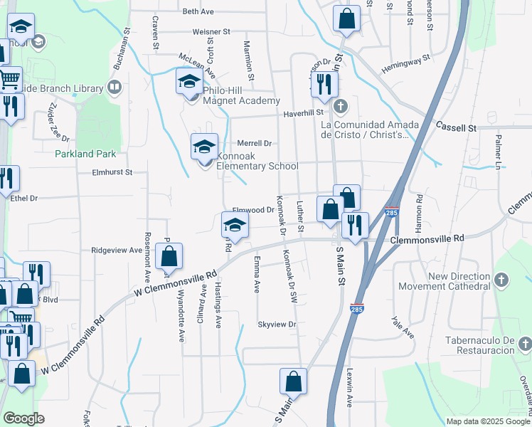 map of restaurants, bars, coffee shops, grocery stores, and more near 316 Elmwood Drive in Winston-Salem