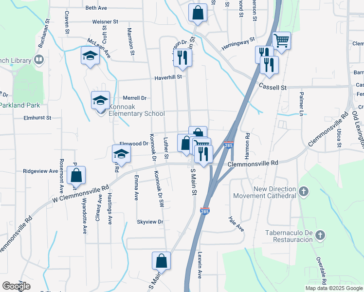 map of restaurants, bars, coffee shops, grocery stores, and more near 3416 South Main Street in Winston-Salem